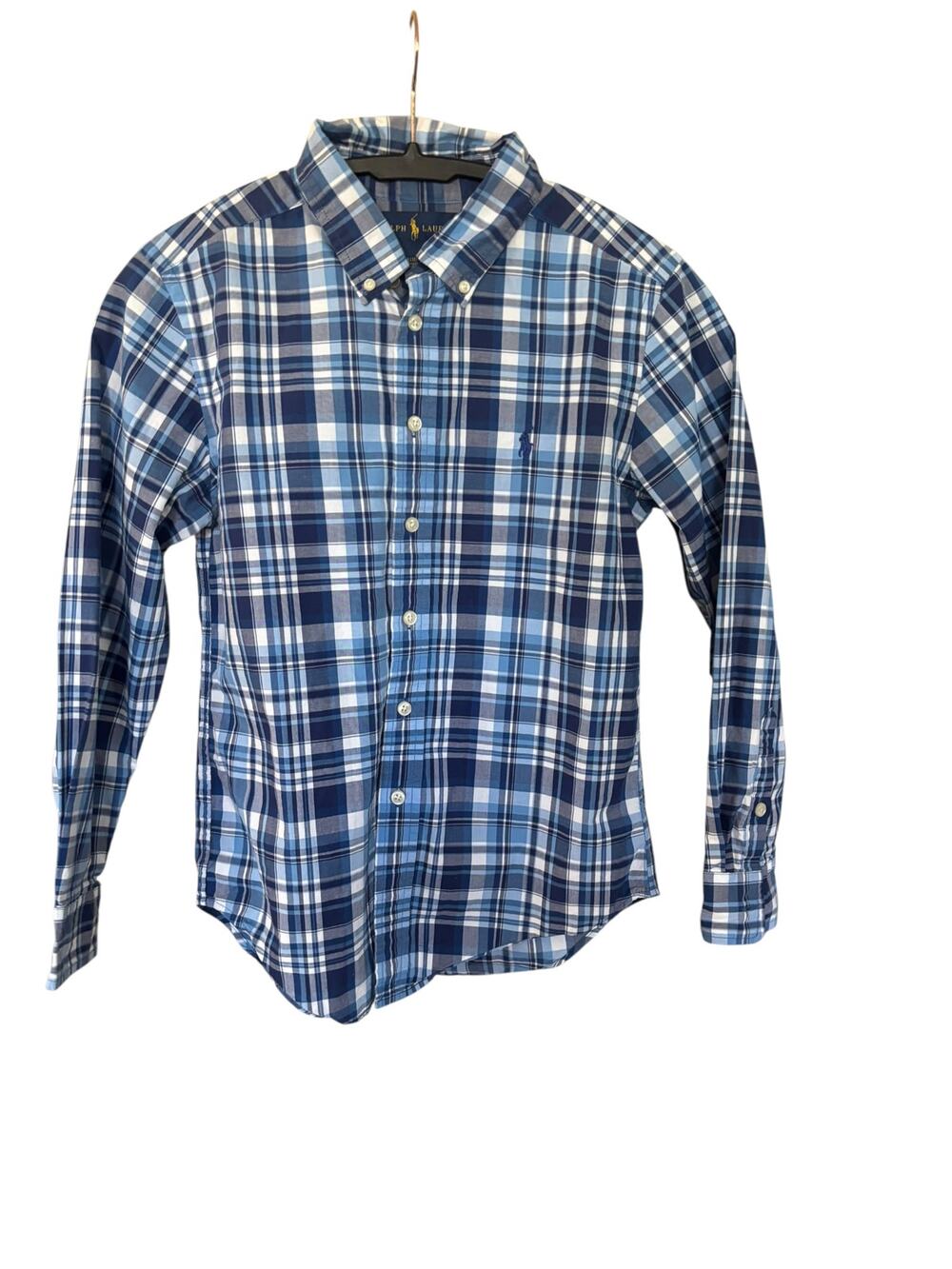 Boys Blue Plaid Button Down Shirt Ralph Lauren Size Medium 10 12